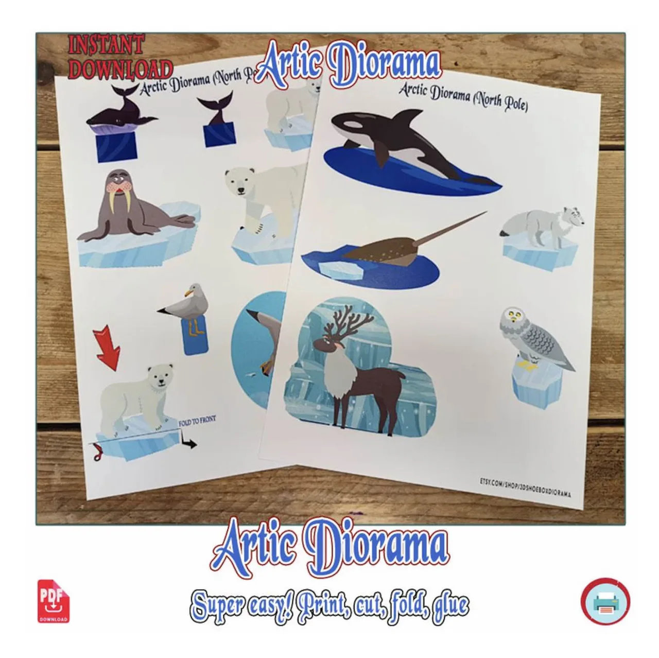 Sample printable PDF pages with Arctic animals, ice scenery and polar habitat parts