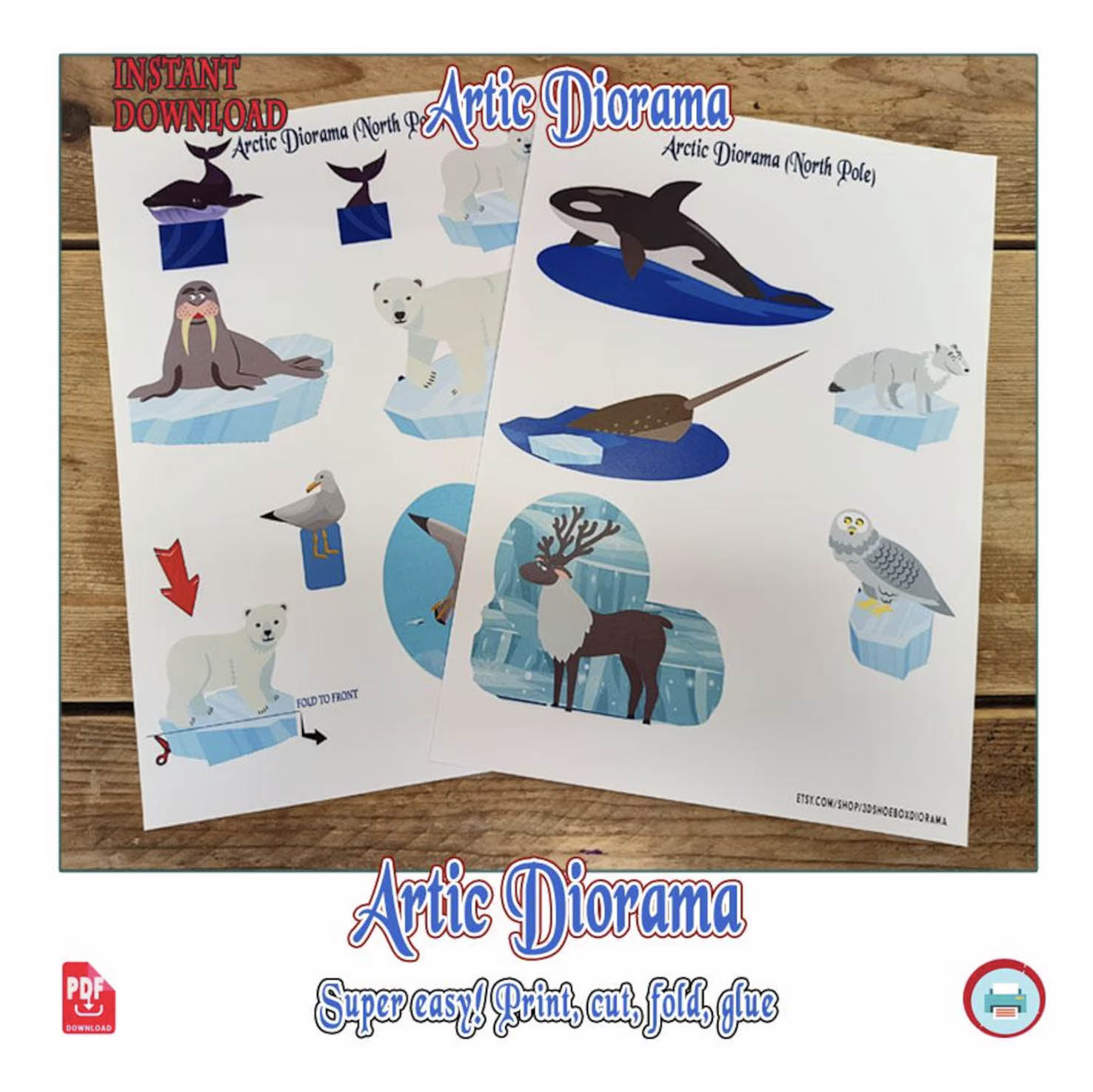 Sample printable PDF pages with Arctic animals, ice scenery and polar habitat parts