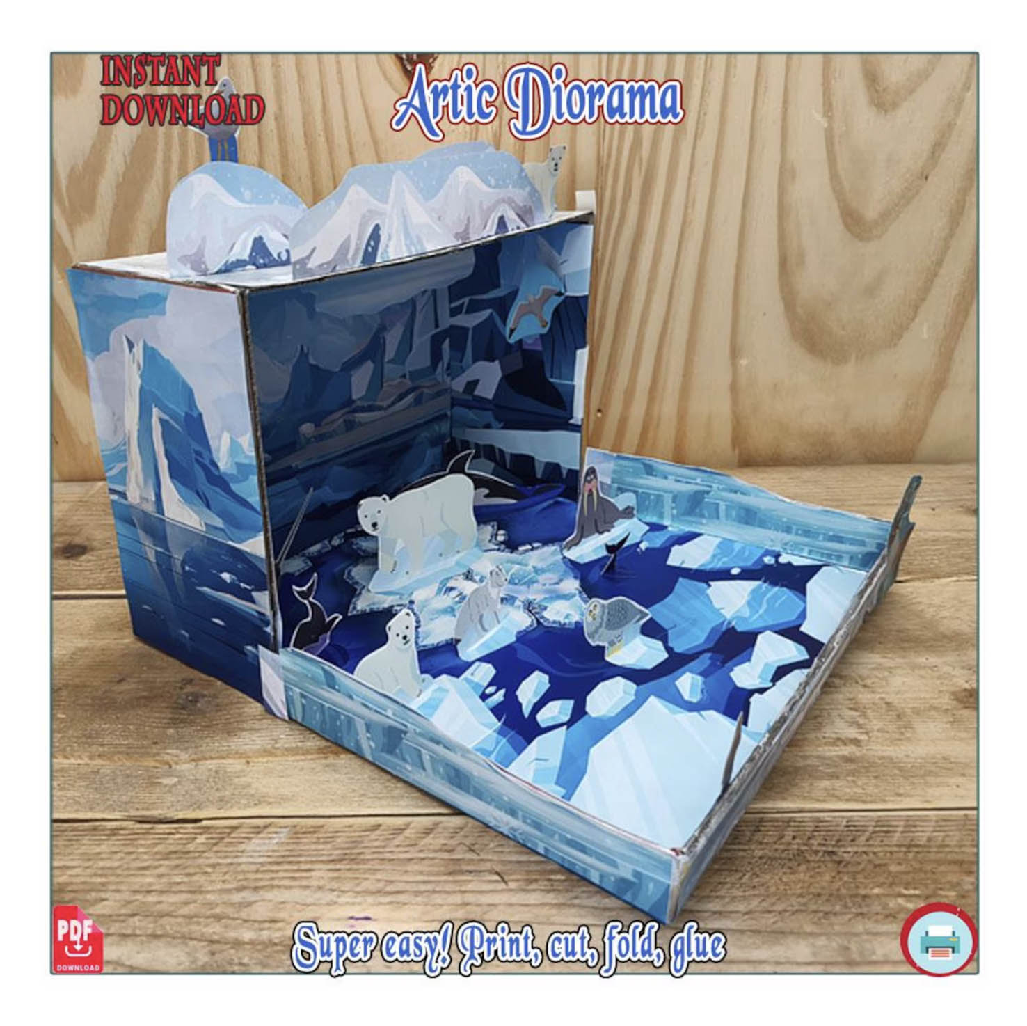 Polar habitat 3D school project showing polar animals, icy habitat floor and scenery
