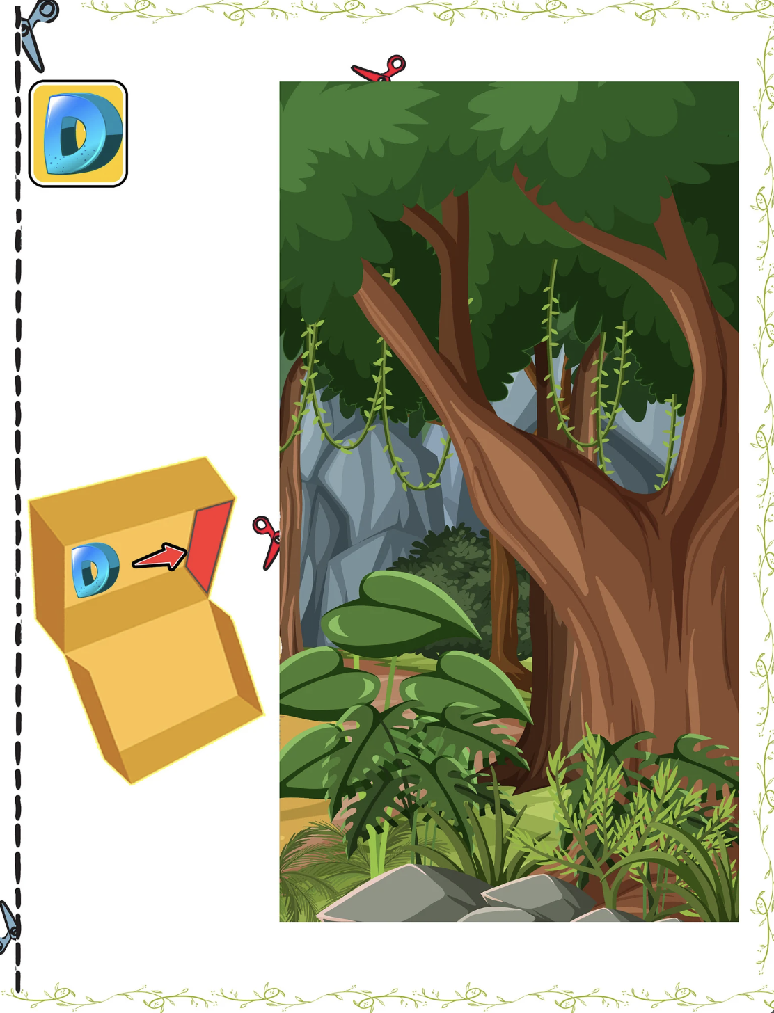 Printable forest diorama background with a large tree trunk, hanging vines, rocks and dense green plants