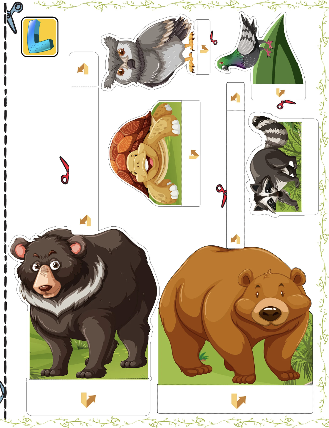 Printable forest animal cutouts with two bears, owl, turtle, raccoon and bird for a habitat diorama