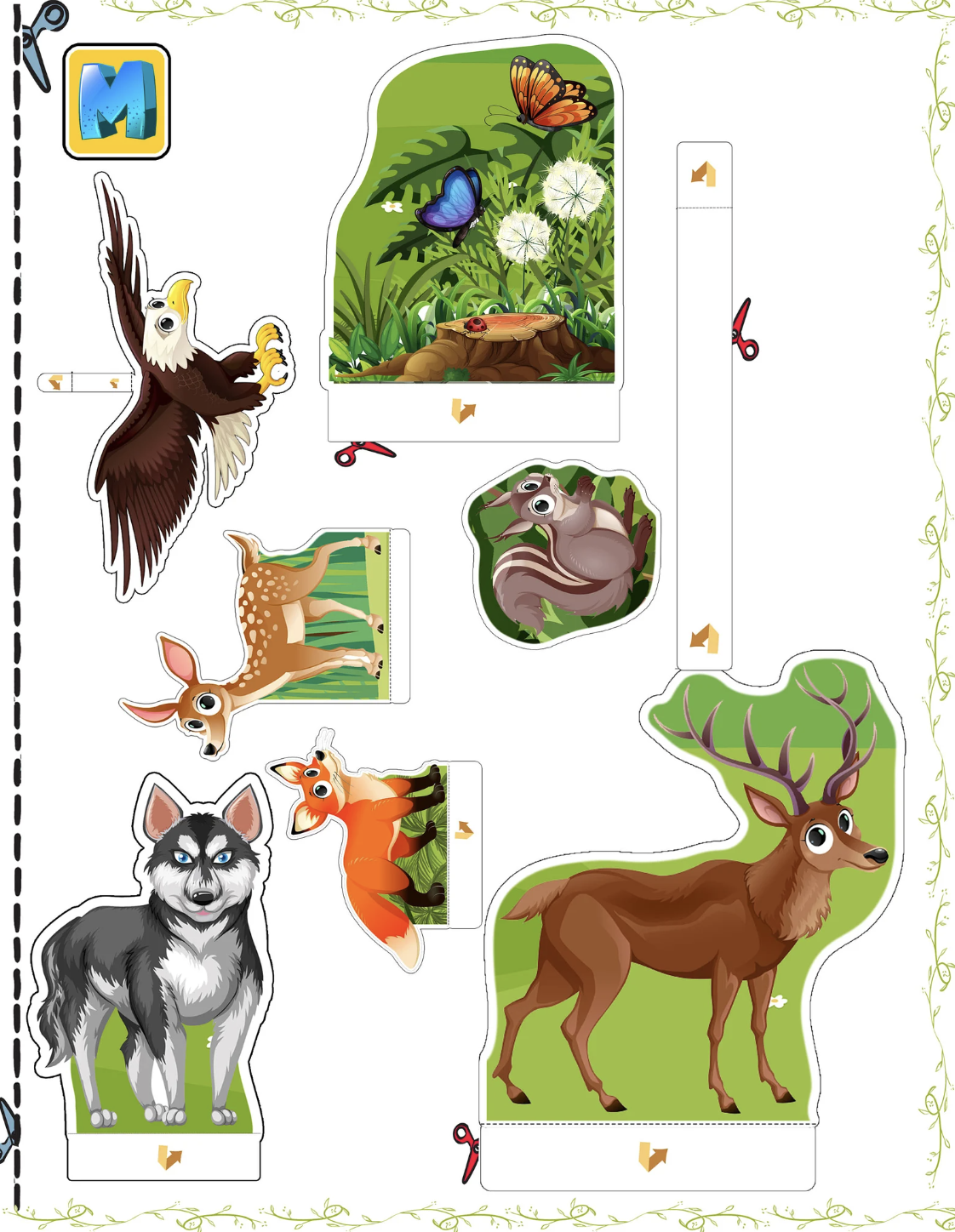 Printable forest habitat animals including deer, wolf, fox, eagle and other woodland animal cutouts