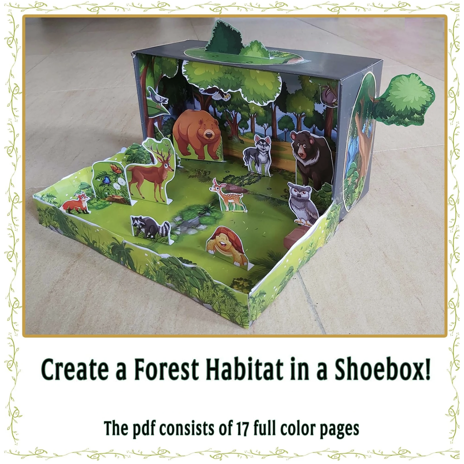 Completed forest habitat shoebox diorama with bears, deer, wolf, owl, raccoon and woodland scenery
