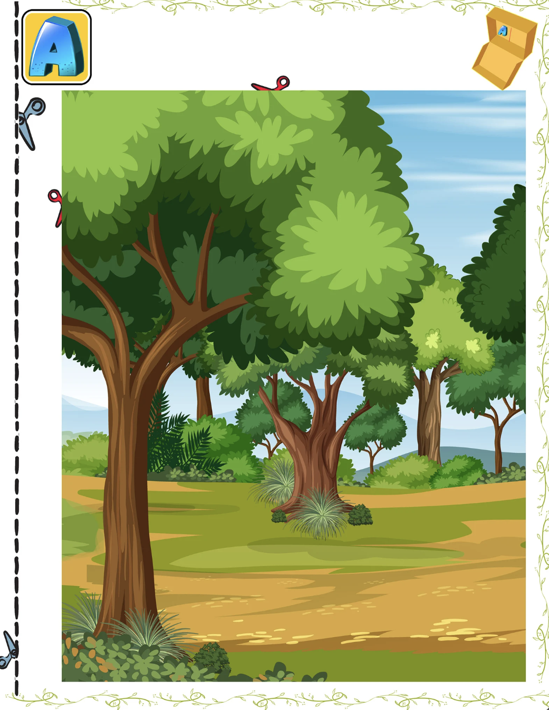 Printable forest habitat background with large green trees, woodland plants and an open forest path