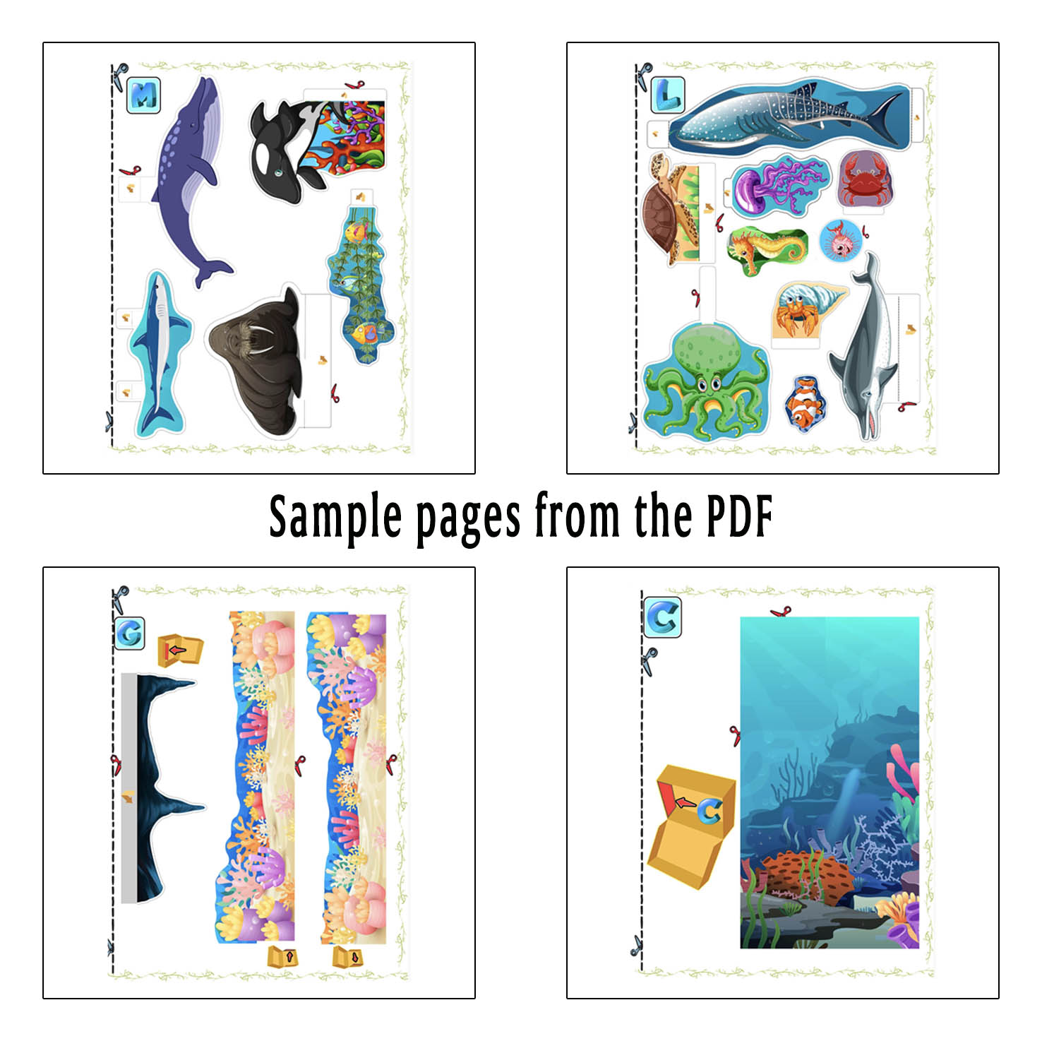 Sample printable PDF pages with sea animals, coral reef scenery and ocean habitat parts