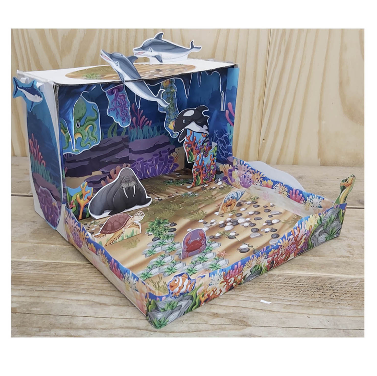 Ocean habitat 3D school project showing marine animals, sandy ocean floor and coral reef scenery