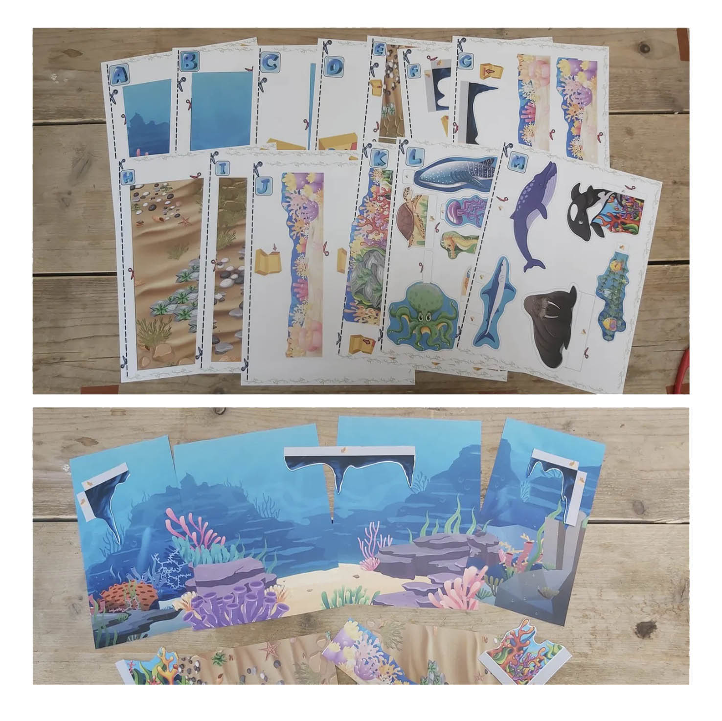 Printable ocean habitat diorama parts and underwater background pieces laid out before assembly