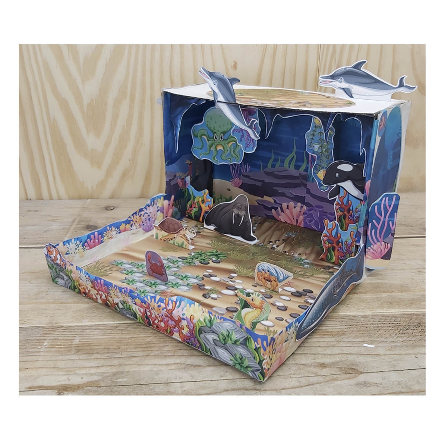 Finished 3D ocean habitat diorama with dolphins, orca, walrus, turtle, octopus and coral