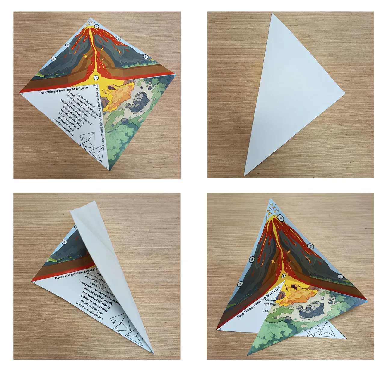 Four photos showing a paper volcano template being folded into a standing triangular scene