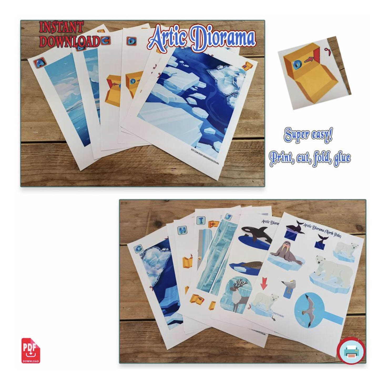 Printable polar habitat diorama parts and icy Arctic background pieces laid out before assembly