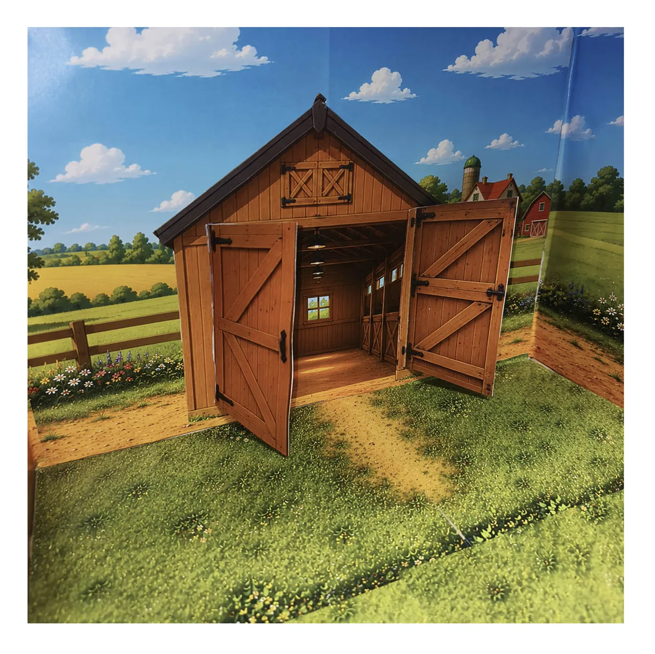 Country style printable horse stable with open double doors showing the illustrated stalls inside the miniature barn