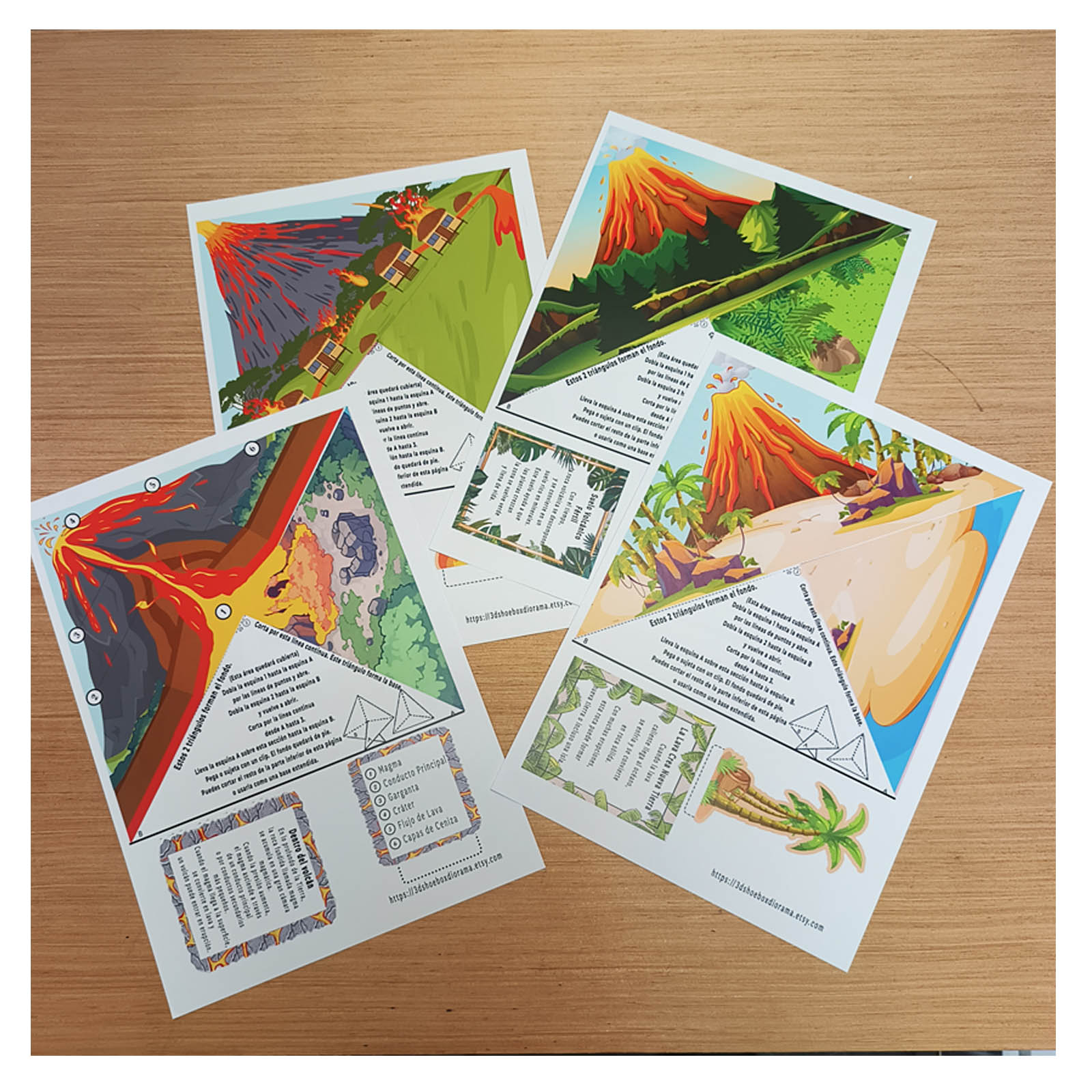 Four printable volcano science project sheets with illustrated scenes, folding instructions and educational cards