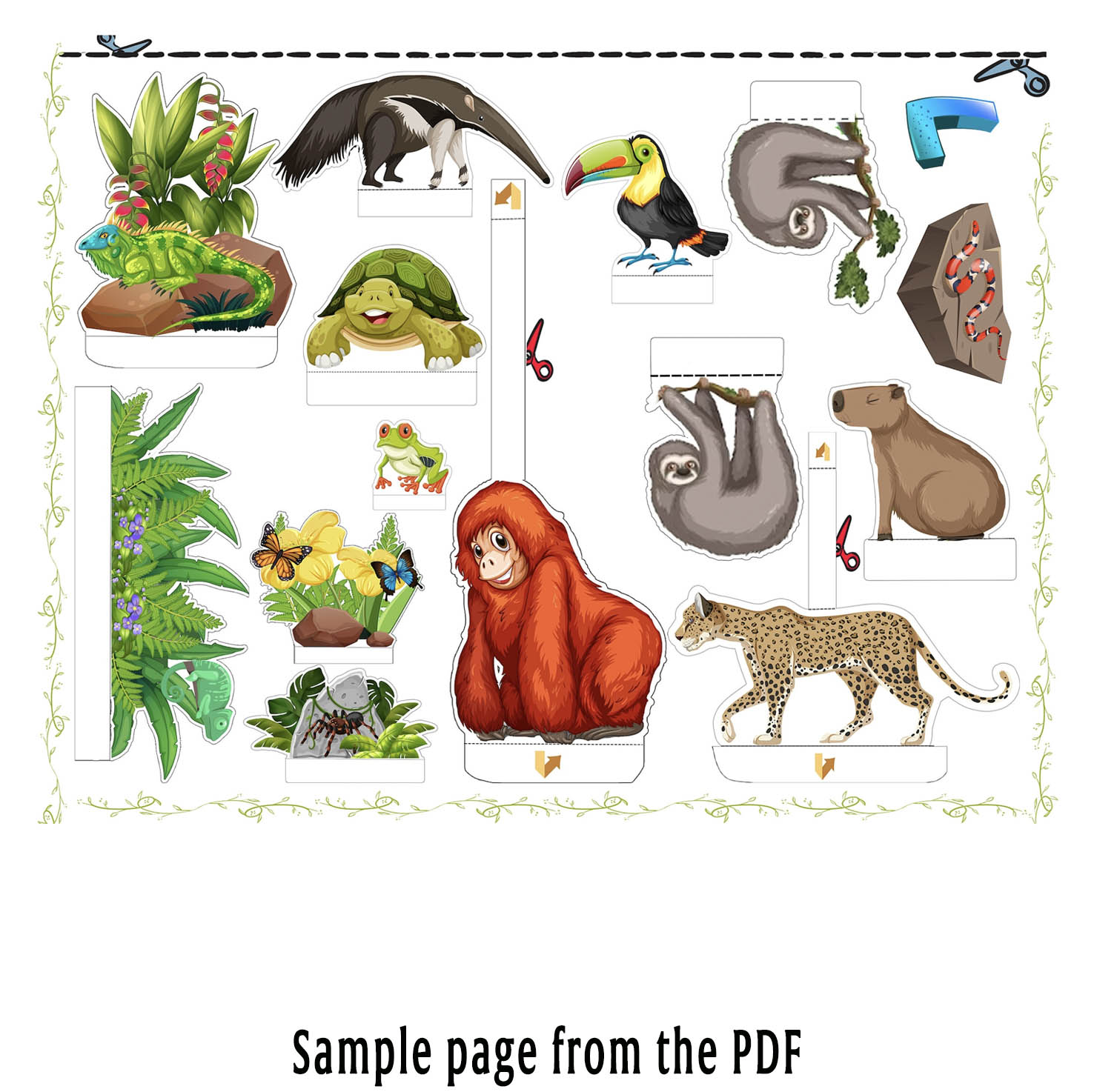 Printable rainforest animal cutouts including orangutan, sloths, toucan, anteater, capybara, turtle, frog and spotted big cat