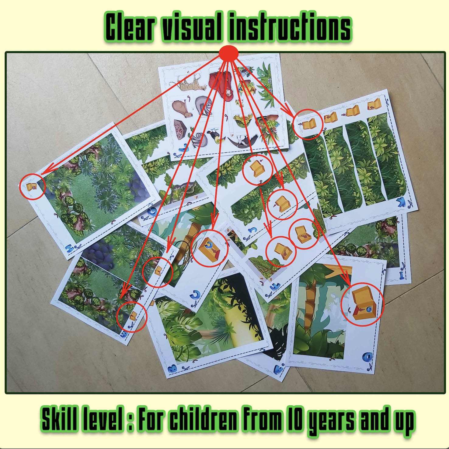 Printed rainforest diorama pages with visual assembly symbols and arrows showing where the project pieces fit