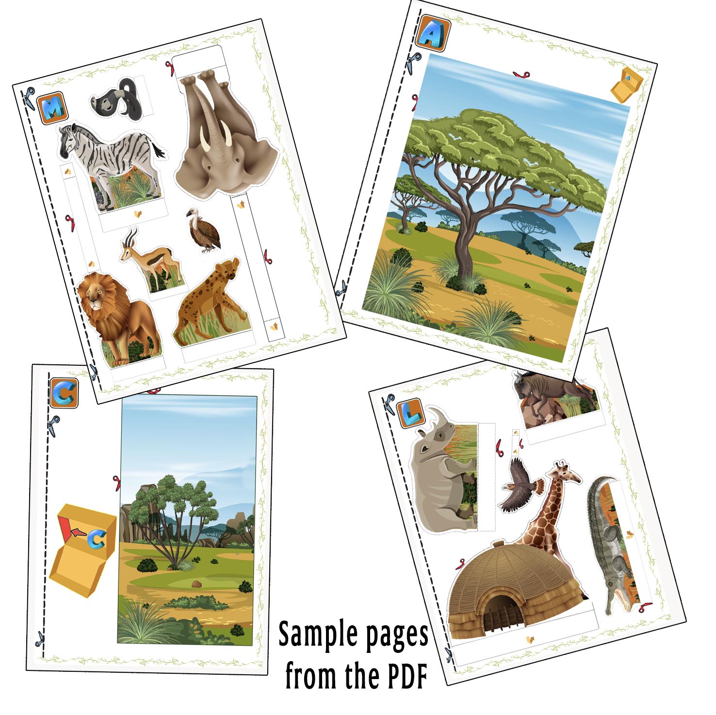 Sample printable savanna diorama pages with zebra, elephant, lion, giraffe, rhinoceros, birds and grassland backgrounds