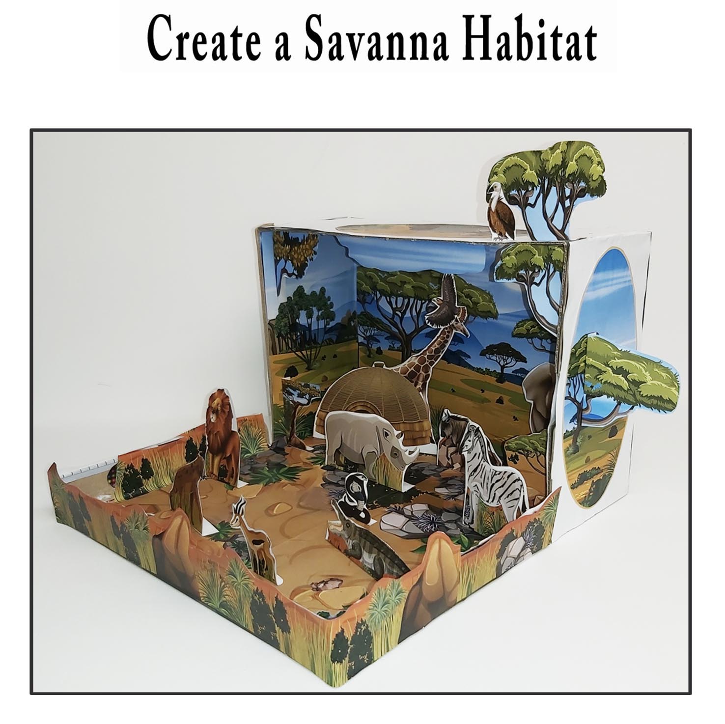 Open 3D savanna habitat school project with lion, giraffe, elephant, zebra, rhinoceros and layered grassland scenery