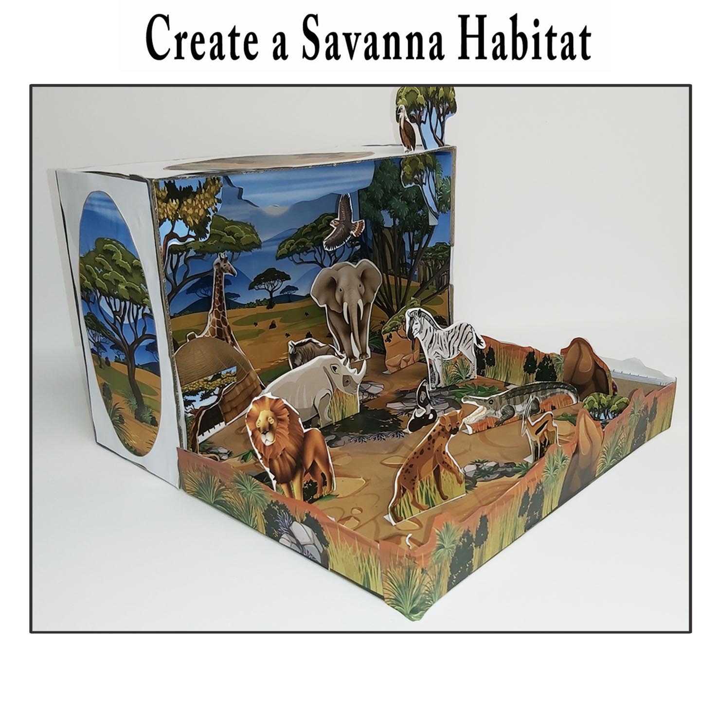 Finished savanna habitat diorama with lion, giraffe, elephant, zebra, rhinoceros, hyena, crocodile and grassland scenery