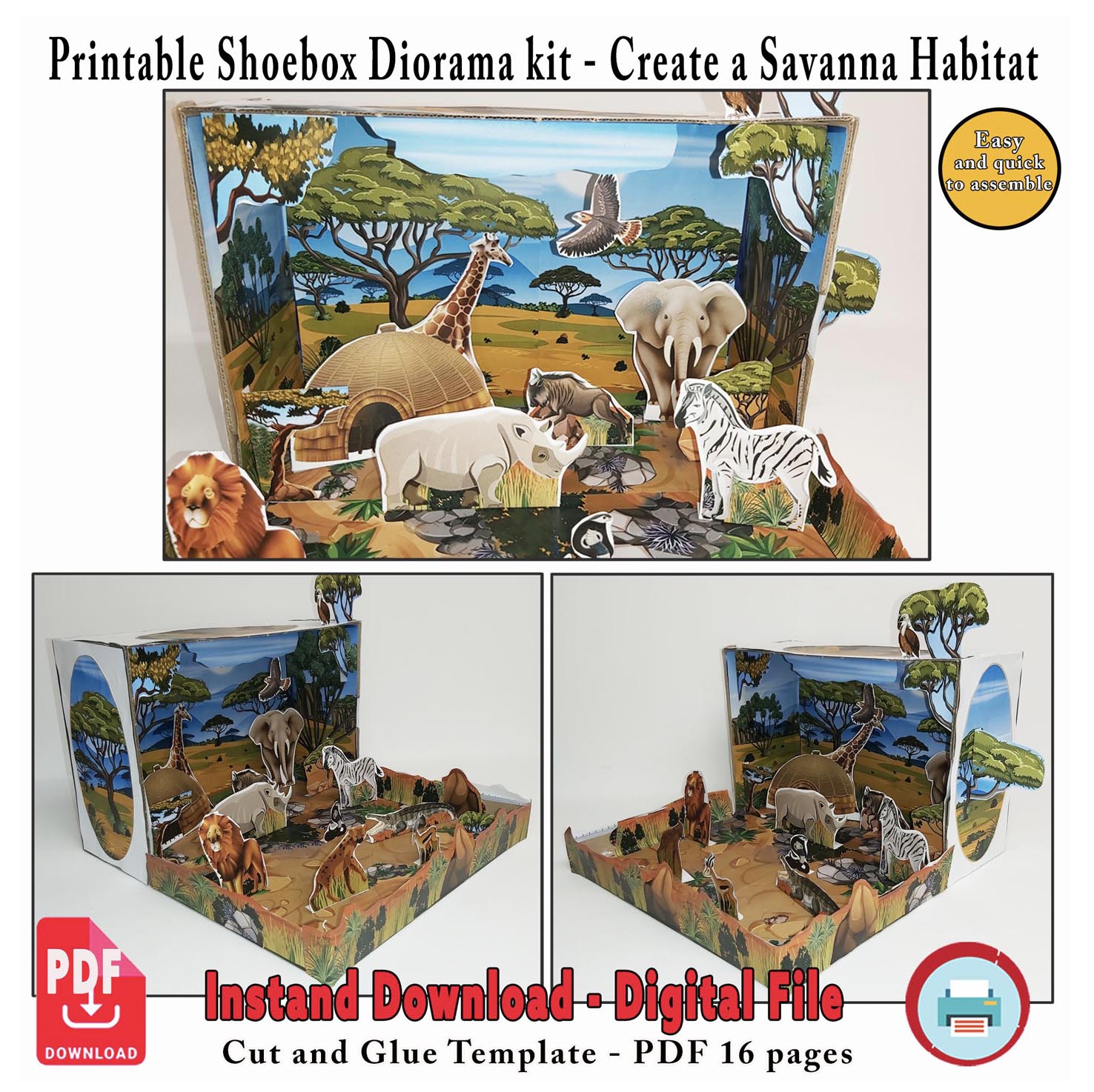 Printable savanna habitat diorama model showing giraffe, elephant, rhinoceros, zebra, lion and other wildlife in a grassland scene