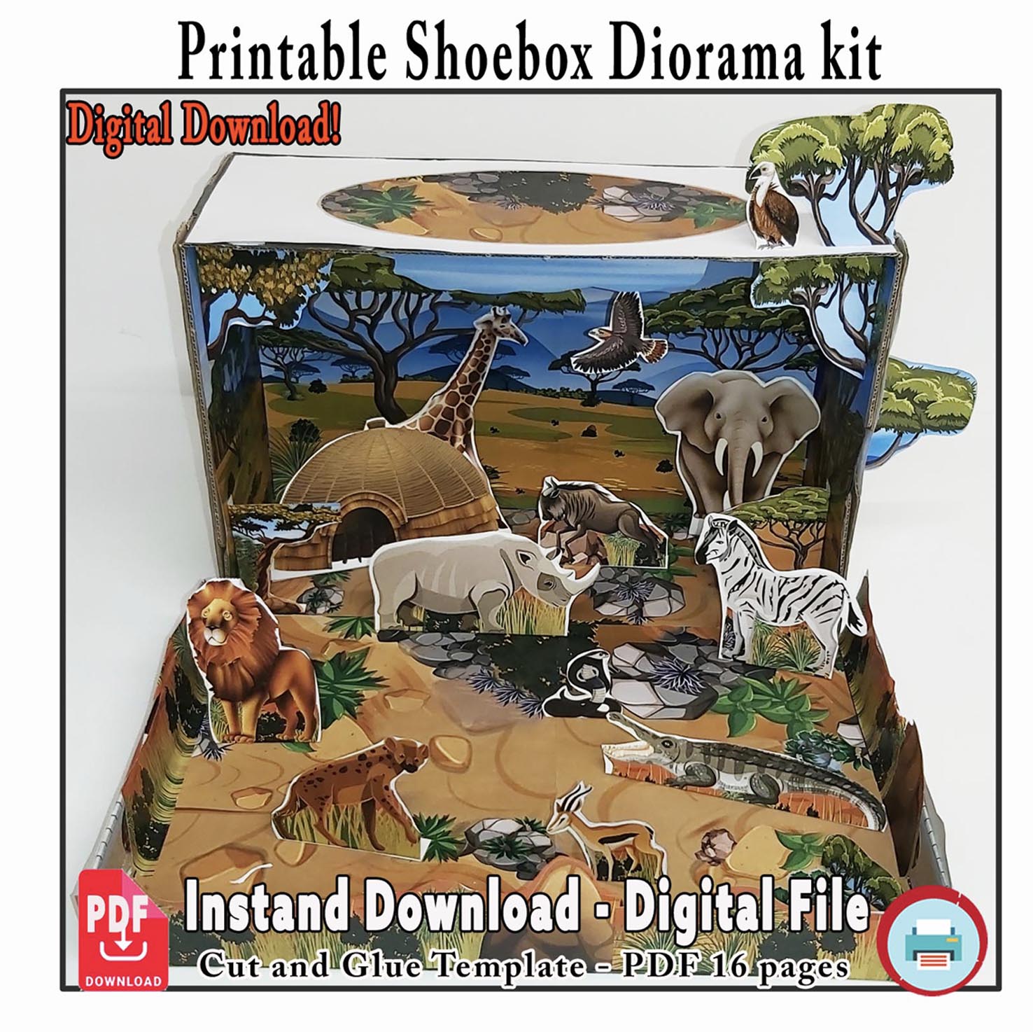Printable savanna habitat diorama with lion, giraffe, elephant, zebra, rhinoceros and layered grassland scenery