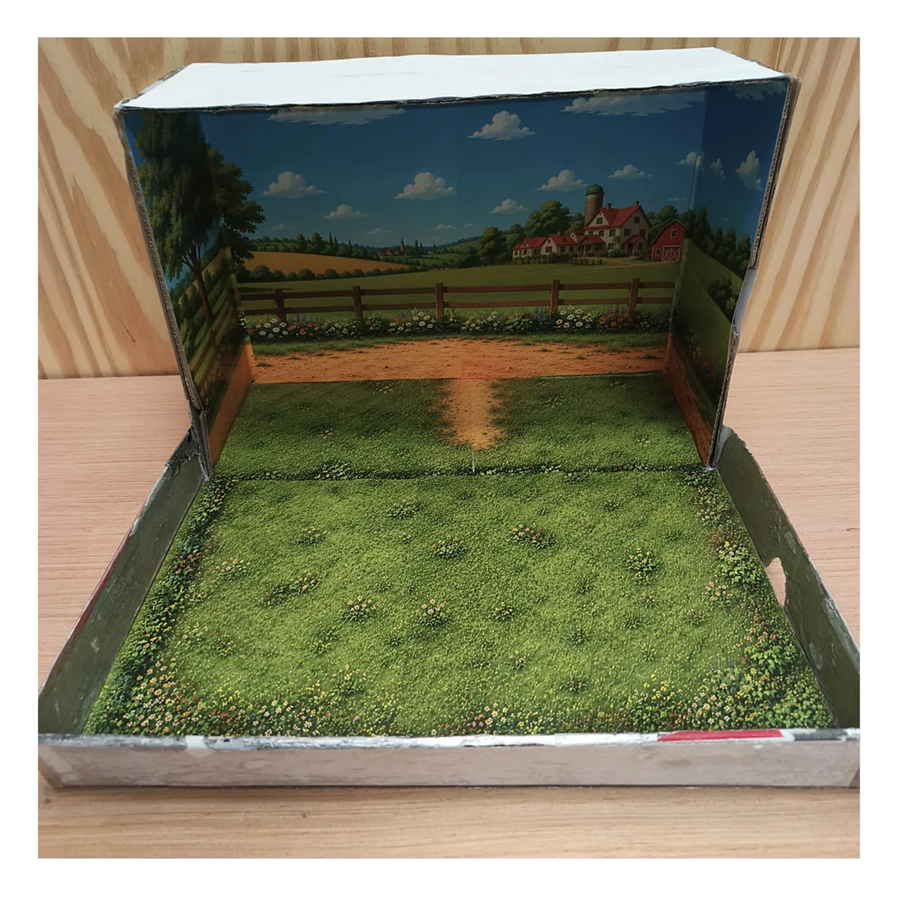 Shoebox transformed into a grassy horse paddock with country landscape, dirt path and printable stable background