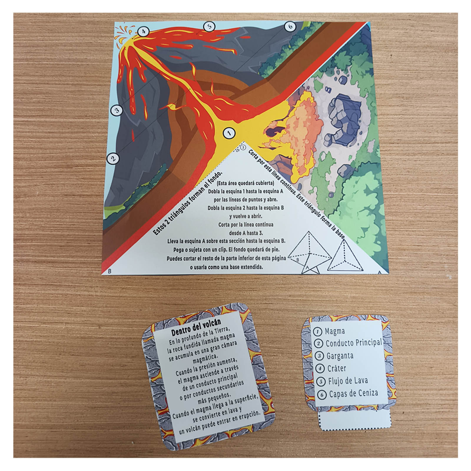 Paper volcano school project scene showing lava flows, houses and fire to illustrate eruption hazards