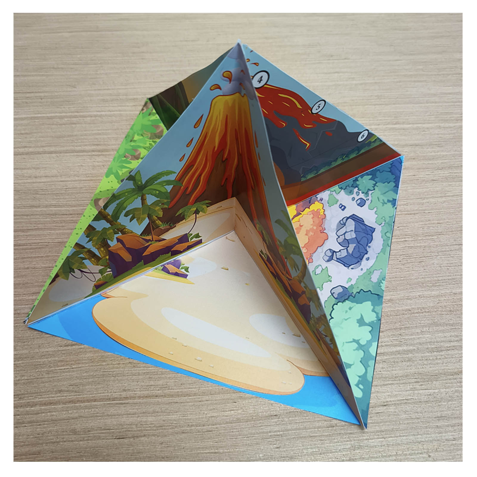 Four views of the completed volcano science model showing its cross section, island formation, fertile soil and eruption hazards