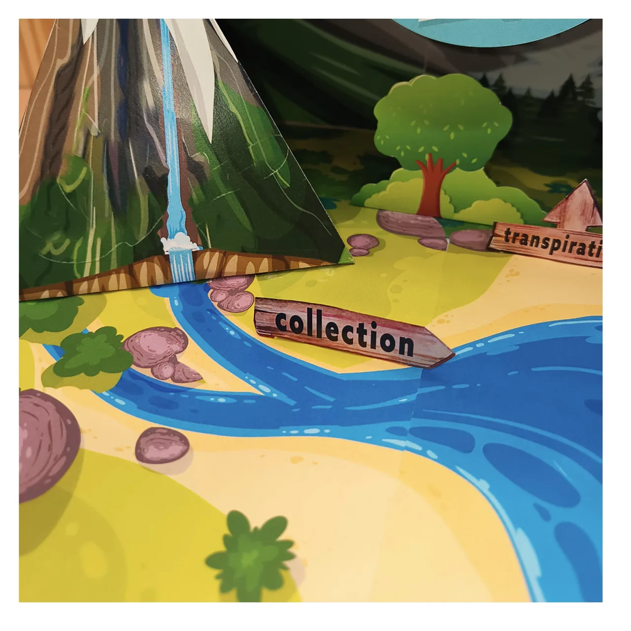 Collection label beside the river at the foot of the mountain