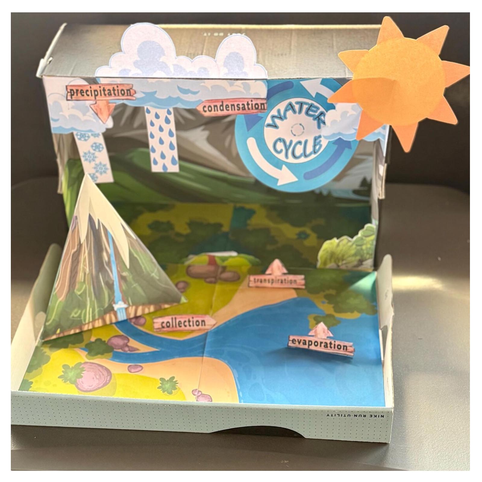 Student-made 3D Water Cycle science model built from the printable project
